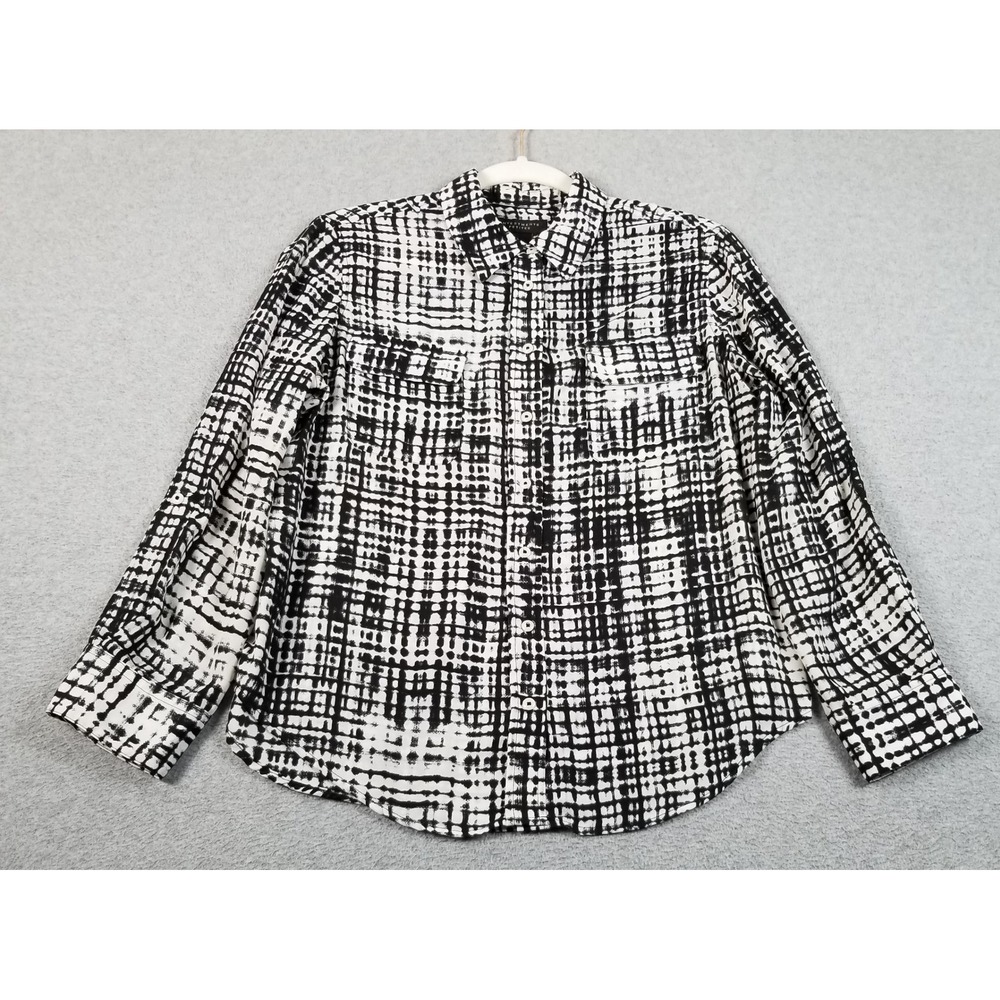 Investments Button Up Shirt Women PM Petite Medium Black White Abstract Grid Top